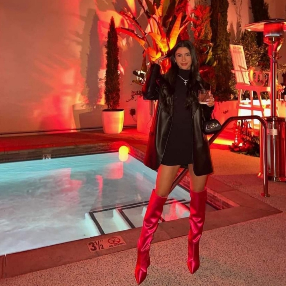 Rare Naked Wolfe Pink Satin Knee High Boots
